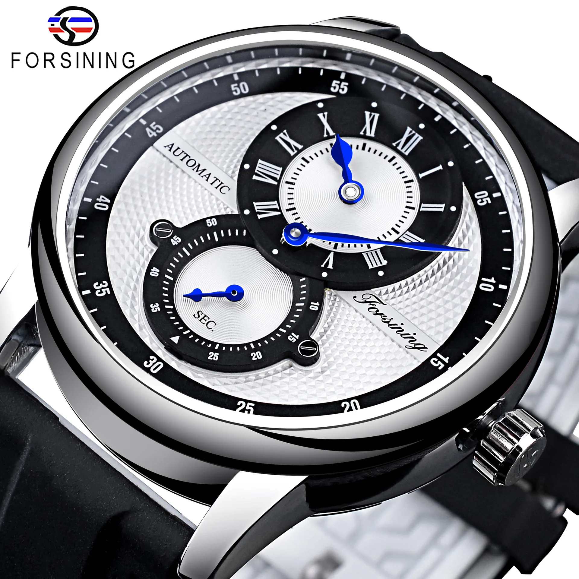 Fashion Forsining Top Brand Men's Automatic Mechanical Watches Racing Roman Numeral Dial Silicone Strap Double-loop Waterproof