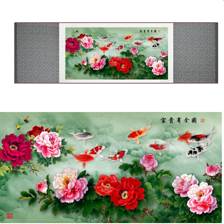 Peony  flower and fish paiting traditional Chinese art painting  silk scroll art painting