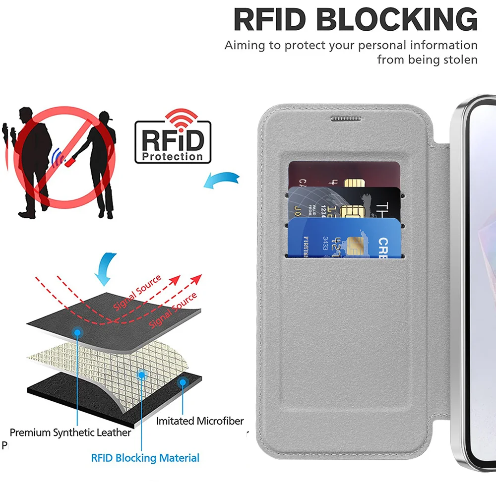 Luxury Flip Leather Card Clip Magnetic Phone Case for Samsung S26 S25 Edge S24 S23 Ultra S22 Plus A55 A35 Clear Wallet Cover