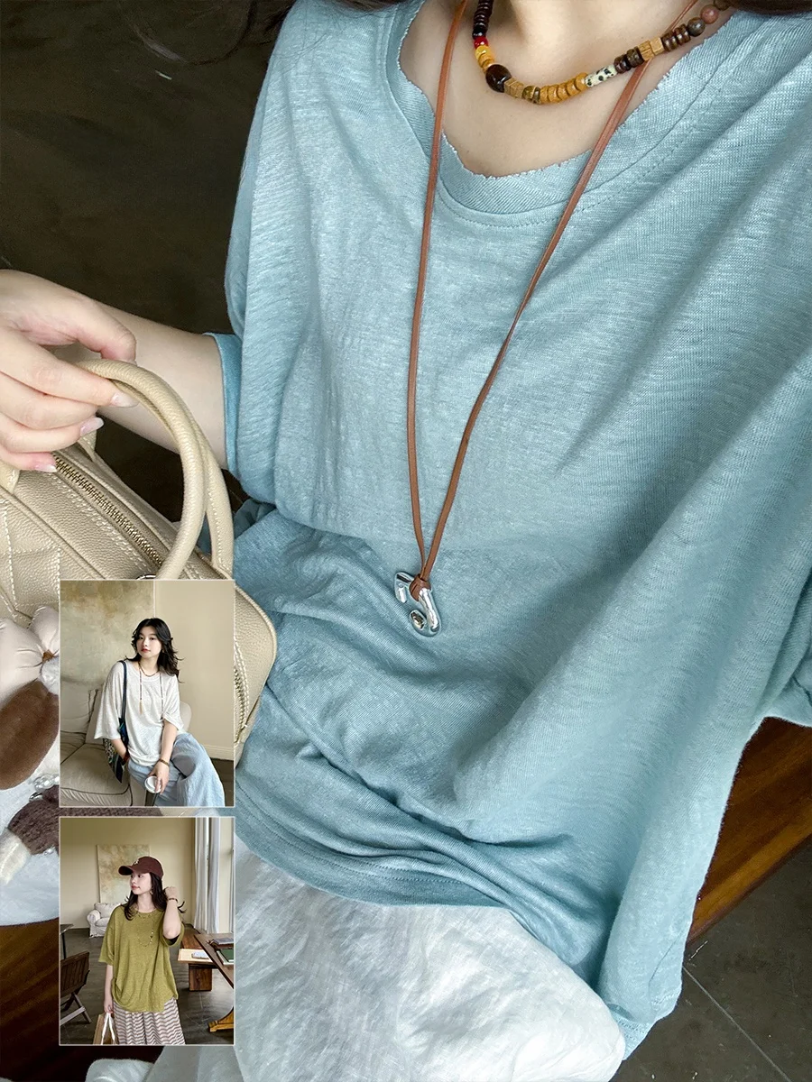 

Льняная футболка с круглым вырезом и коротким рукавом, повседневная, свободного кроя, женская, летняя, цвета Анн Форест, с широкими плечами