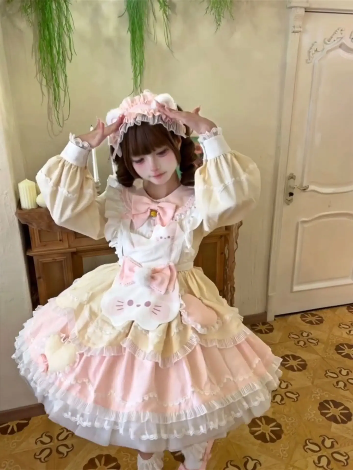 

Coalfell Sweet Tea Girl Lolita Sweet Tea Meow Cute Cat Lolita Long Sleeve OP Dress Sweet and Fresh Princess Dress