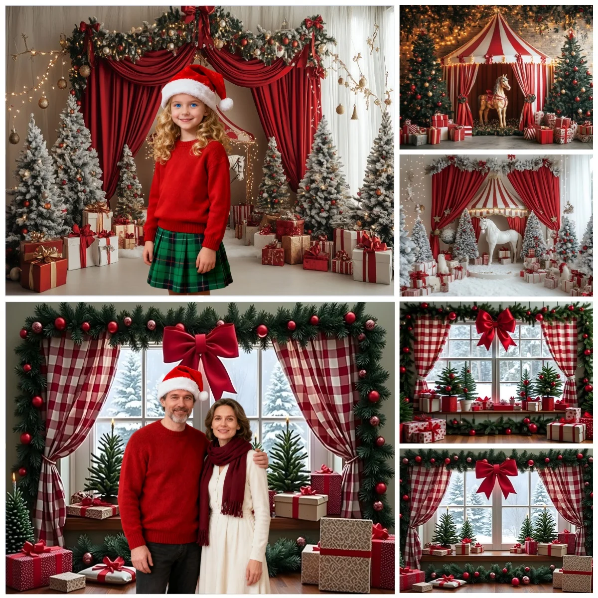 

Christmas Photography Backgroud Carousel Window Red Curtain Gifts Adult Kids Portrait Photo Studio Family Party Decor Backdrop