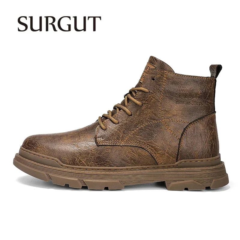 SURGUT New Men Boots Comfortable Spring Autumn Warm Waterproof Fashion Ankle Boots Casual Men Leather Working Boots Men