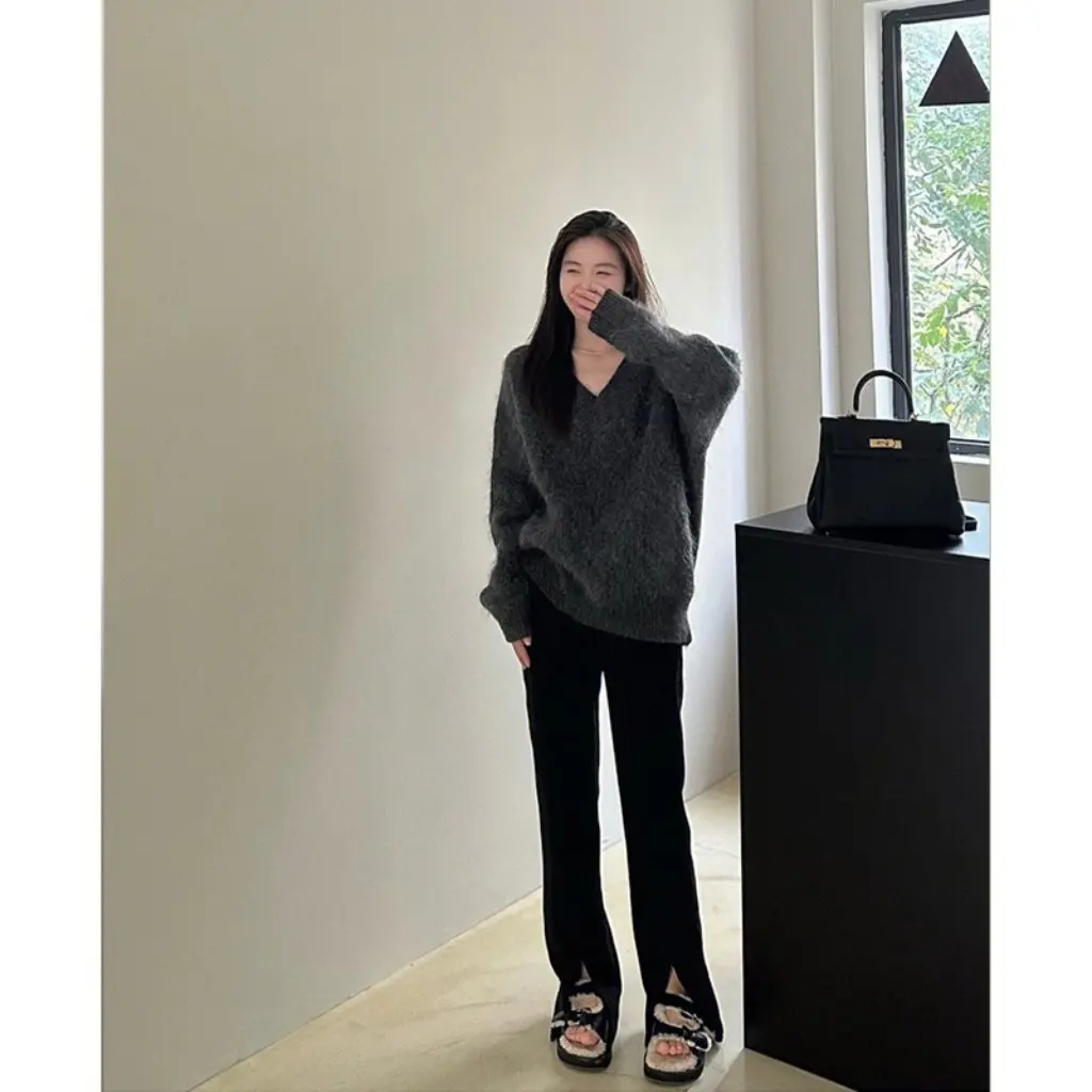 

Women's Retro Lazy V-Neck Mink-Like Coat Autumn Winter Loose Slimming Soft Top Fashionable All-Match Temperament