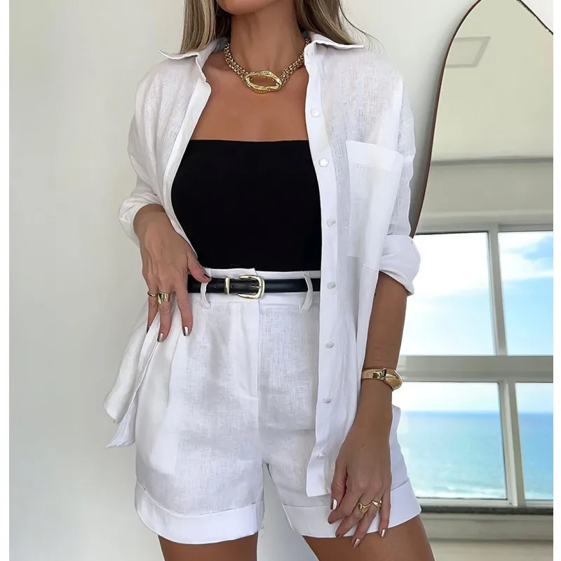 Summer New Long Sleeve Shorts Shirt Suit Women\'s Fashion Pocket Simple Casual Lace Up Shorts Female White Office 2-częściowy zestaw