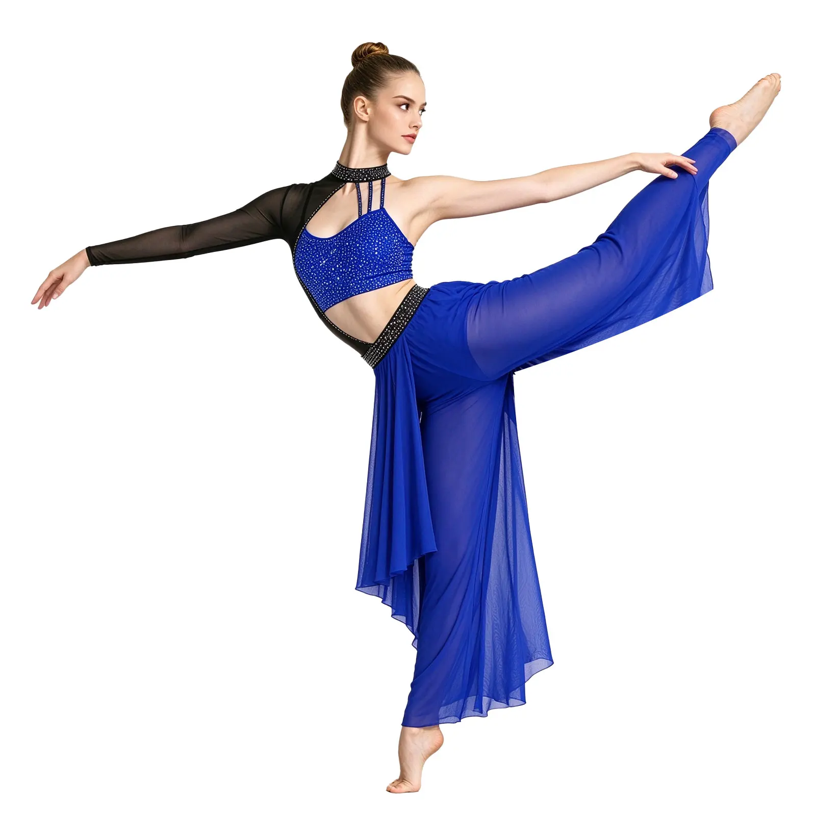 Women Sheer Mesh Overlay Modern Lyrical Dance Wide-leg Jumpsuit Skating Gymnastics Acrobatics Ballet Contemporary Dancewear