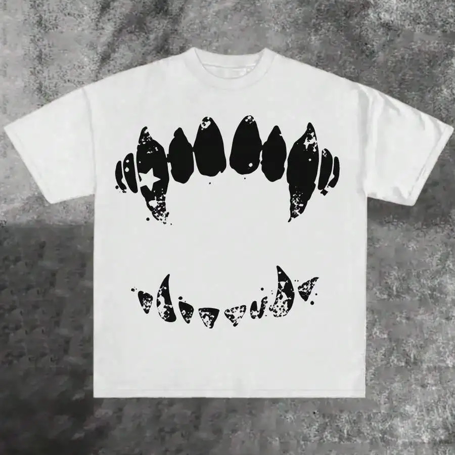 New Arrival Unisex Vintage Wash Black Cotton T-Shirt Abstract Tooth Element Funny Graphic Print Y2K Streetwear Casual Daily Short Sleeve Trendy Top