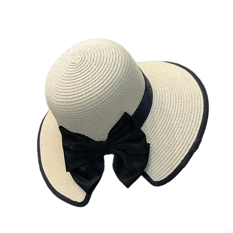 قبعة شمسية من القش قابلة للتنفس، تصميم أنيق على شكل فيونكة، قبعة واسعة الحواف للمناسبات الخارجية