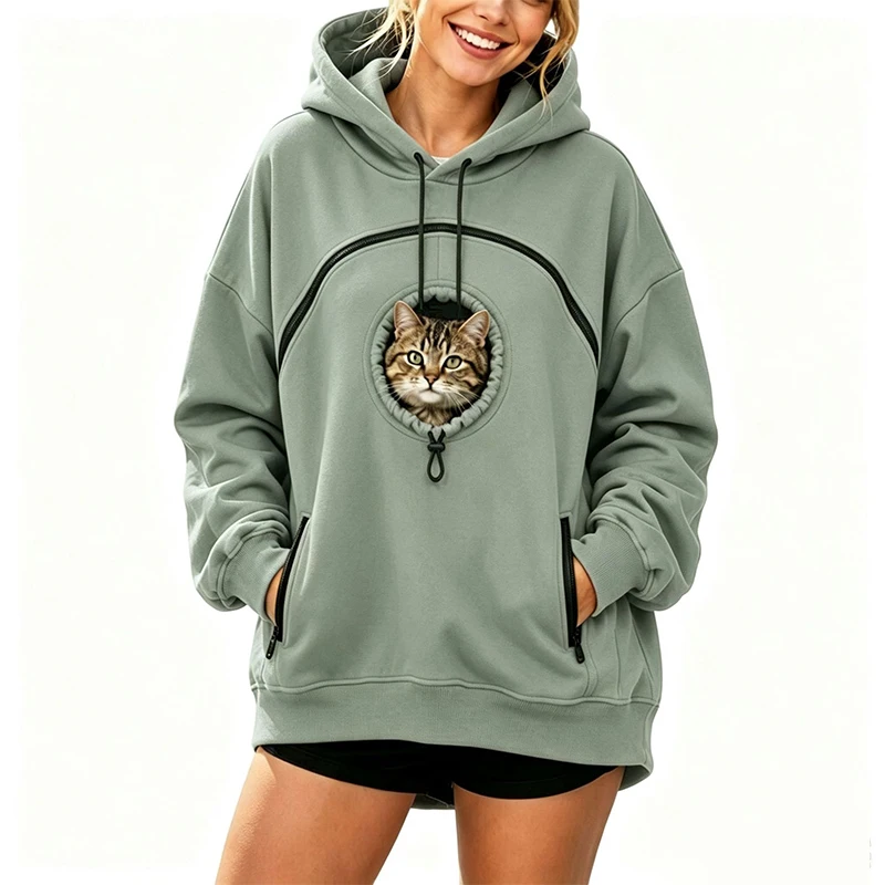 Haustier-Kapuzenpullover mit Tasche, Katzen-Kapuzenpullover, große Größe, mit Tasche und Zuglasche für Hunde, Kapuzenpullover für Katzen und Hunde, Tragetasche, Sweatshirts, Seitentasche mit Reißverschluss. – Detail 4