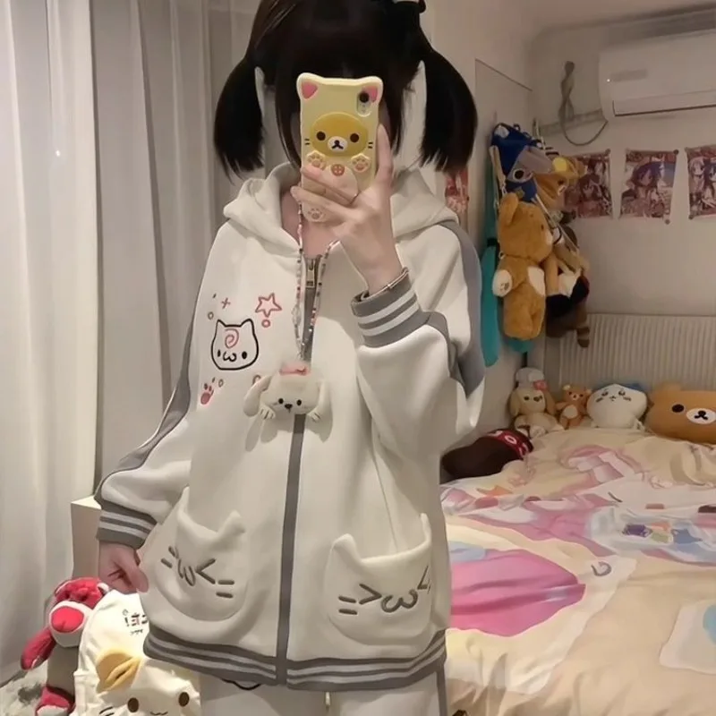 

Casual Sportswear Long Sleeved Zip Up Hoodie Set for Women Autumn Loose Korean Cartoon Two Piece Sets Womens Outifits Y2k Suits