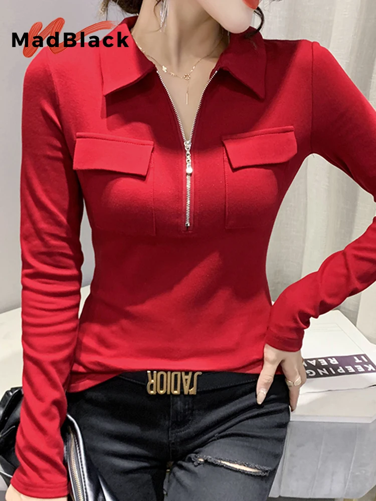 MadBlack Fall Spring European Clothes Cotton T-Shirt Sexy Turn-down Collar Pocket Zipper Women Tops Lady Casual Tees T31713X