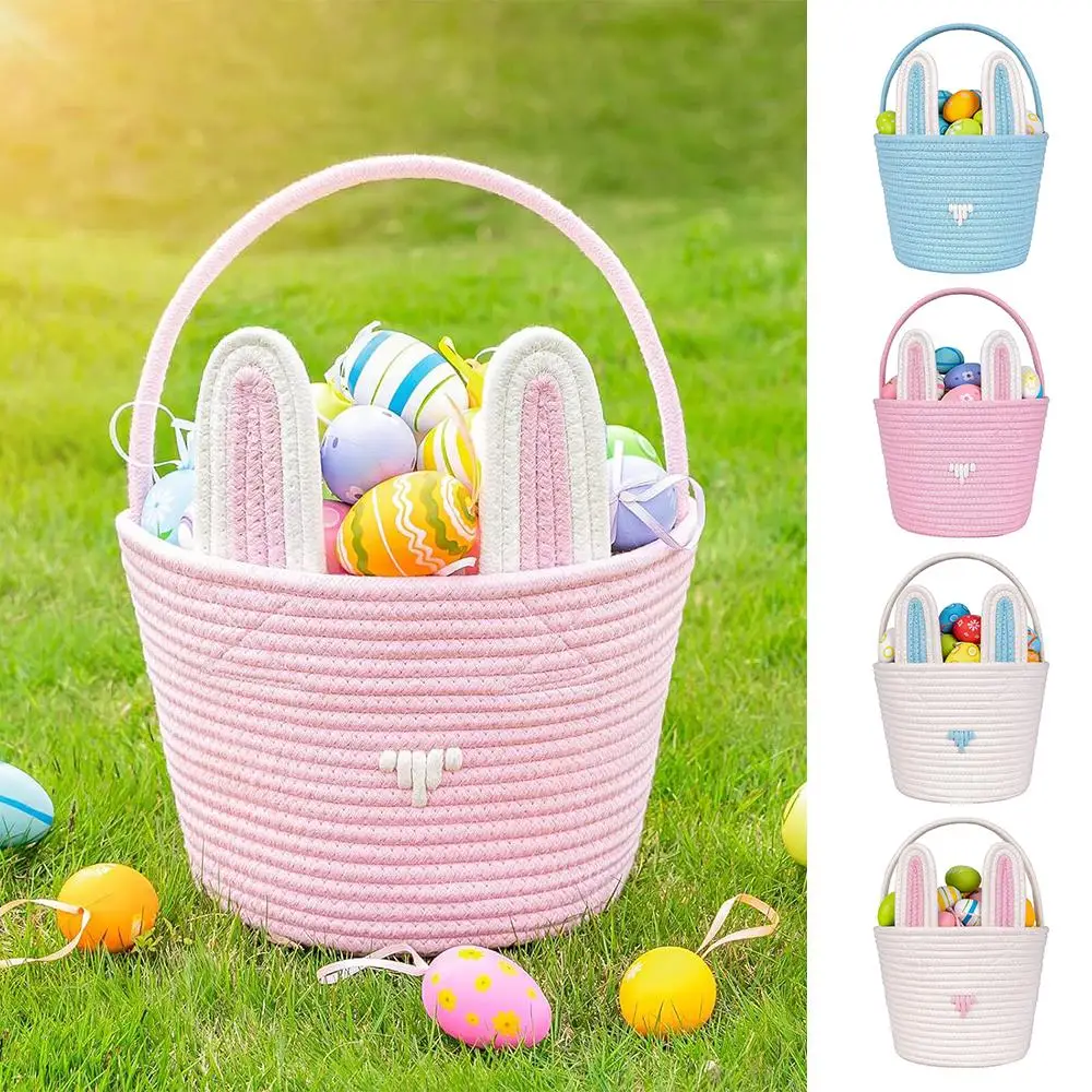 

Durable Woven Easter Baskets for Kids Empty Cotton Rope Storage Basket with Handle Large Cartoon Living Room Organizer
