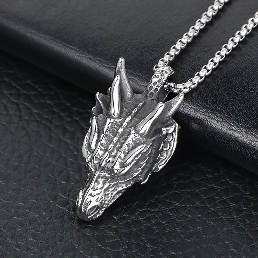 Punk Vintage Stainless Steel Dragon Head Pendant Necklaces For Men Biker Domineering Animal Necklace Fashion Amulet Jewelry Gift