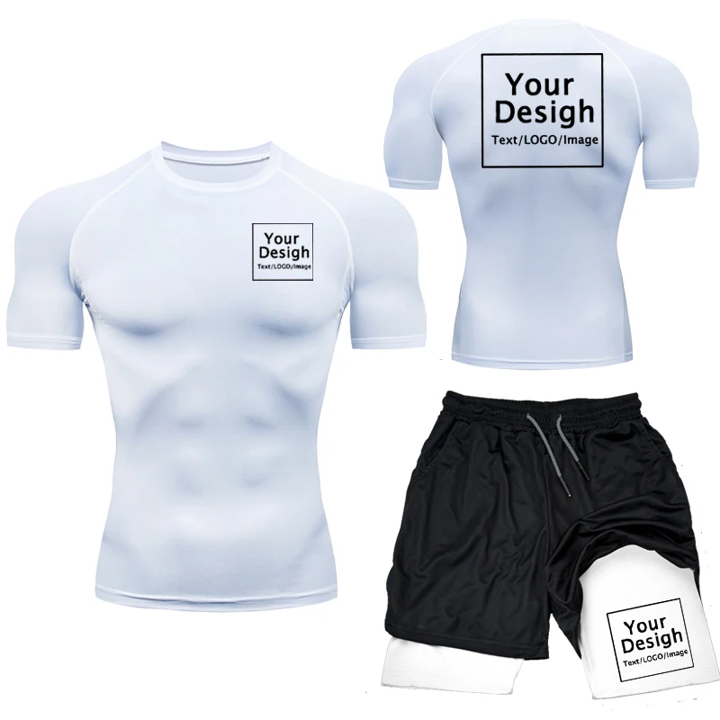 Conjunto de compressão impressa personalizada masculina, camisa de ginástica com logotipo do seu design + shorts de treino, secagem rápida, respirável, atletismo, rashguard