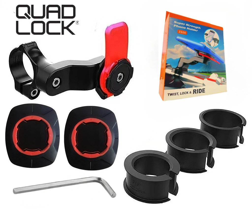 QUAD LOCKMSupporto per telefono per moto, supporto per telefono cellulare per bici anti-vibrazione con smorzatore di vibrazioni, attacco/stacco a sgancio rapido