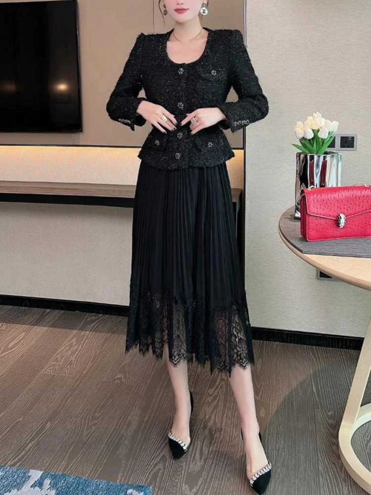 DEAT Elegant Dress O-neck Single Button Belt Waist Pleated Fake Two Women\'s Evening Party Dresses 2024 Autumn New Tide 35Z1241