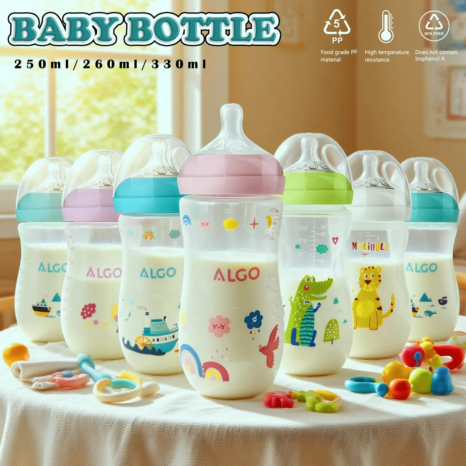 

1PC 260/330ml petal pacifier baby bottle, PP material, drop-resistant, round hole pacifier, suitable for more than 0 months