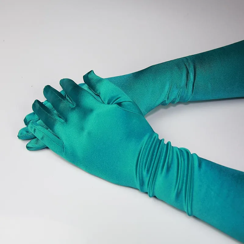 Teal Lange Satijnen Vinger Handschoenen Bruids Dans Groen Handschoenen Voor Speciale Gelegenheid Avond Party Gelinlik Eldiveni