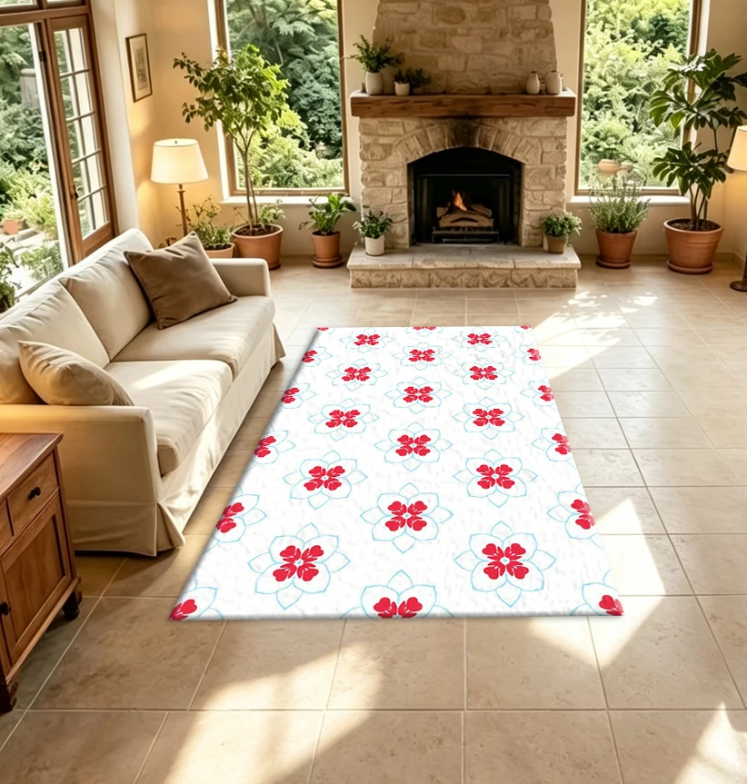 Red Blue Simple Floral Print Carpet Flooring Fresh Stylish Floor Rug Living Room Home Decor