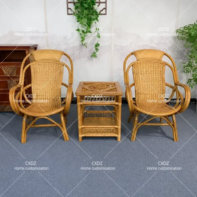 Natural Rattan Chair 3 Piece Set Balcony Casual Coffee Table Combo Household Single Backrest Woven Swivel Chair Comfortable