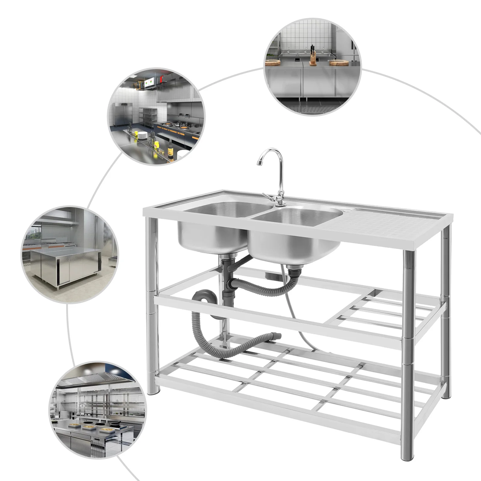 Juego de fregadero de cocina de restaurante comercial de un solo tazón de acero inoxidable independiente con banco de trabajo y estantes de almacenamiento dobles