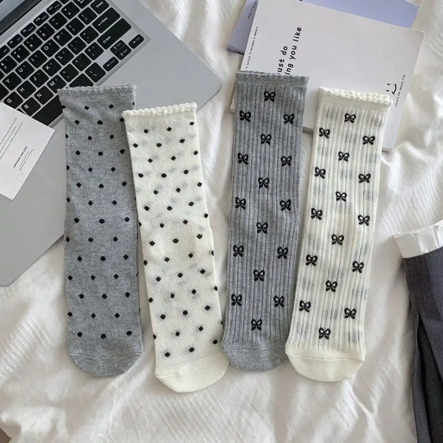 4 Pairs Women Polka Dot Bow Mid Tube Socks Summer Thin Lightweight Breathable Flower Border Sweet Girly Long Socks Cute Socks