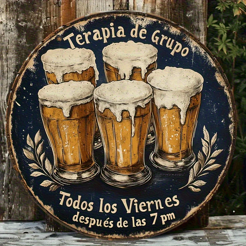 لوحة فنية جدارية من الألومنيوم على شكل بيرة إسبانية عتيقة مقاس 8 بوصات - ديكور بار ريفي مع نص إسباني وتصميم كوب بيرة، لا حاجة إلى بطاريات، #1