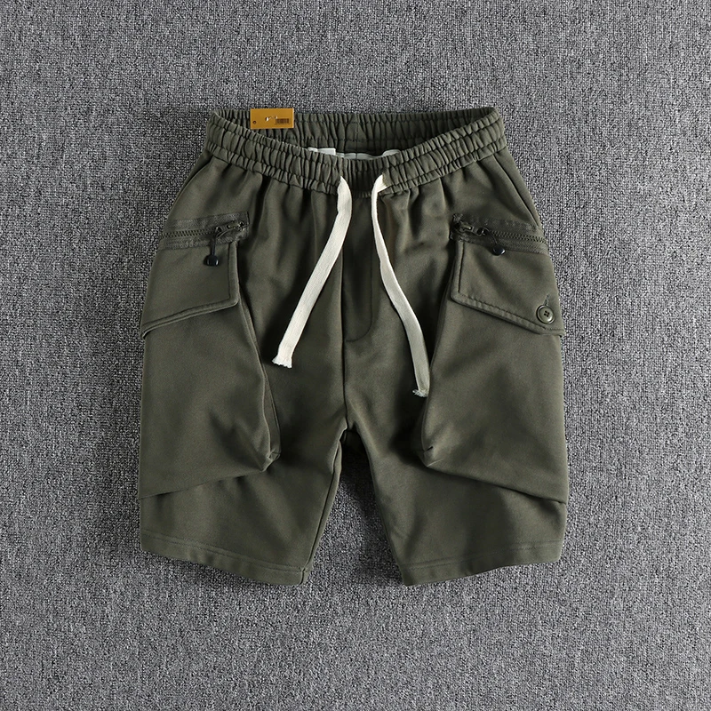 Summer American Retro 480g Heavyweight Knitted Shorts Men's Pure Cotton Washed Drawstring Loose Straight Sports Five-point Pants