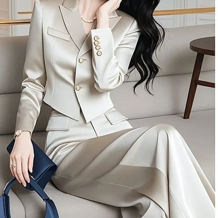 New Franch Luxury Fashion Two Piece Sets Women Elegant Notched Collar Short Blazer + High Waist Wide Leg Pants Women\'s Suit OL