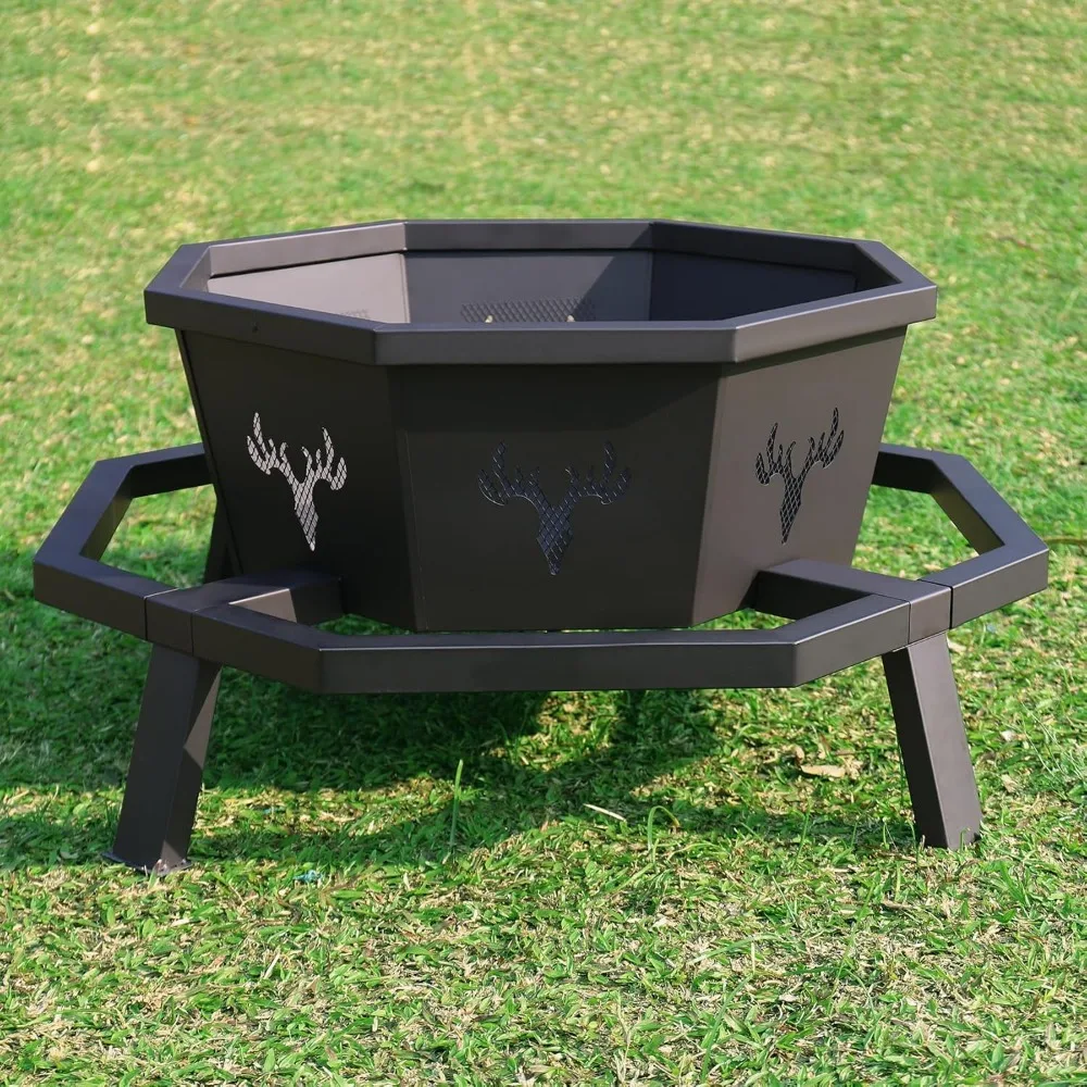 35 Inch Octagonal Outdoor Wood Burning Fire Pit for Backyard Camping and Outdoor Entertainment
