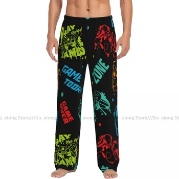 メンズゲーム柄ラウンジパジャマ、カジュアルホームウェア、ルーズスリープパンツ、パジャマパンツ、ロングパジャマ
