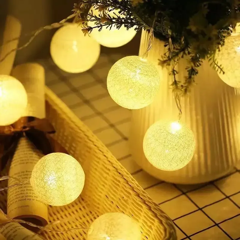 Bola de mimbre de algodón LED, guirnalda de hadas, luces de cadena, fiesta de boda, Navidad, decoración de jardín al aire libre, Bombilla de lámpara