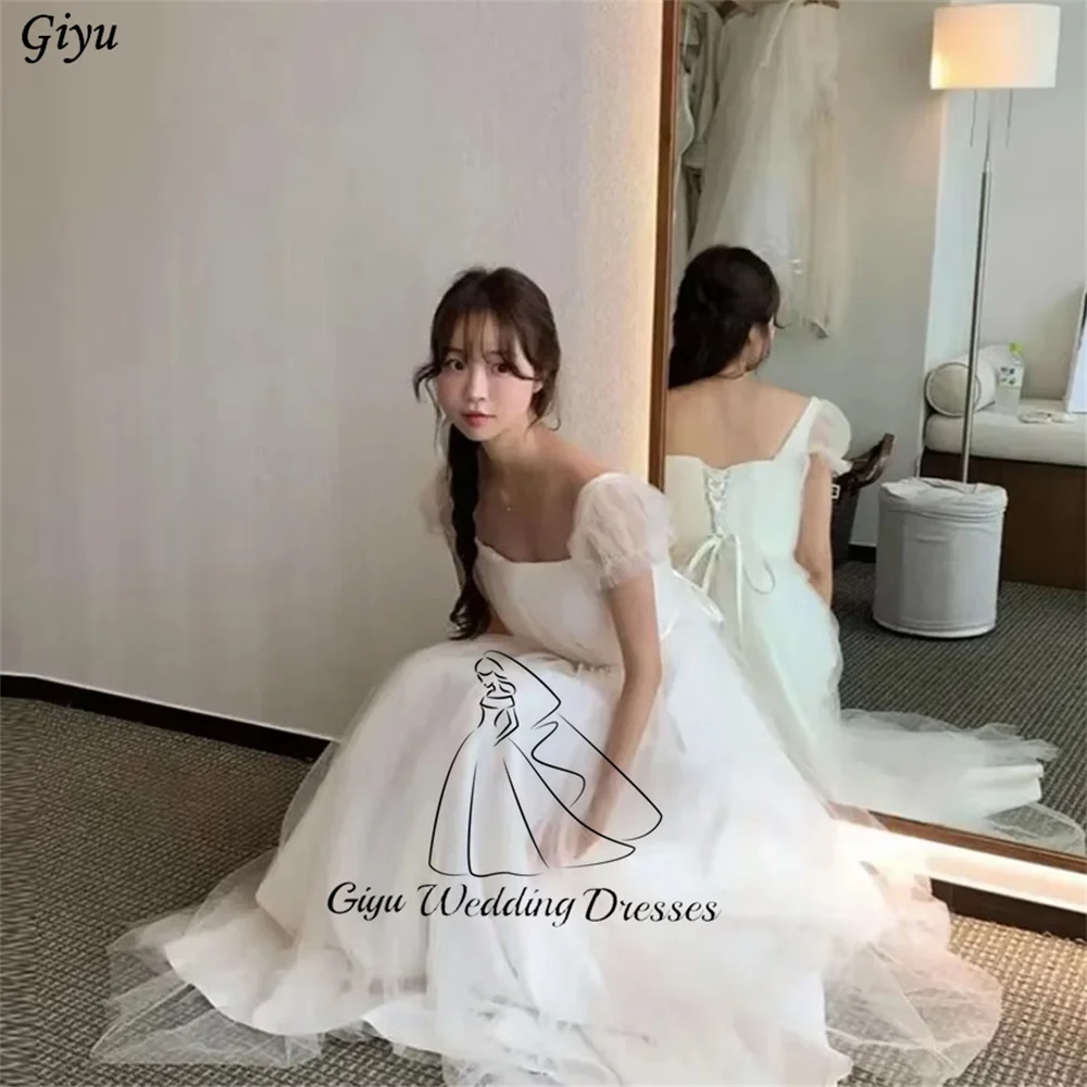 Giyu Simple Square Collar A Line Tulle Wedding Dresses Korea Photoshoot Short Sleeves Floor Length Bridal Gowns Customised