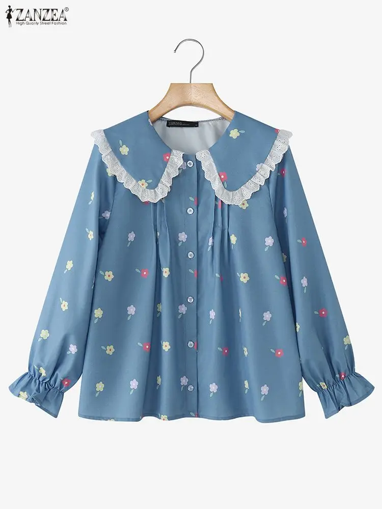 Damskie bluzki ZANZEA z nadrukiem kwiatowym w stylu vintage, koszule z długim rękawem, kołnierzyk Peter Pan, tuniki z koronkowymi wstawkami, bluzki jesienne, bluzki damskie 2025