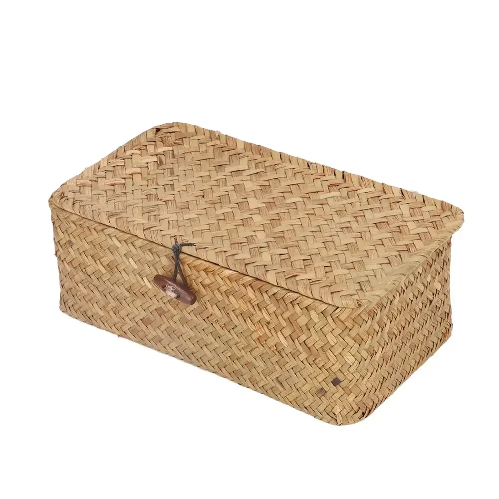 Handmade storage basket with lid, rectangular seaweed, rattan fabric, cosmetics, multi-purpose container, natural box