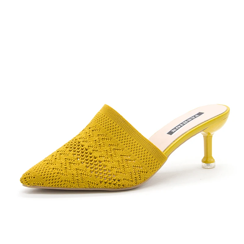 الصيف النساء النعال أصفر أسود محبوك الشرائح البغال أنيقة شبكة تنفس ميد كعب النعال مغلقة تو الشرائح أحذية الحفلات