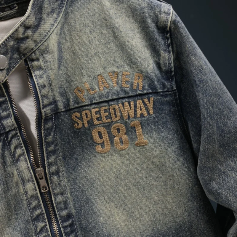Nostalgic Retro Stand Collar Denim Coat for Men 2024 New Autumn and Winter Street Trend Embroidered Loose and Handsome Clothes