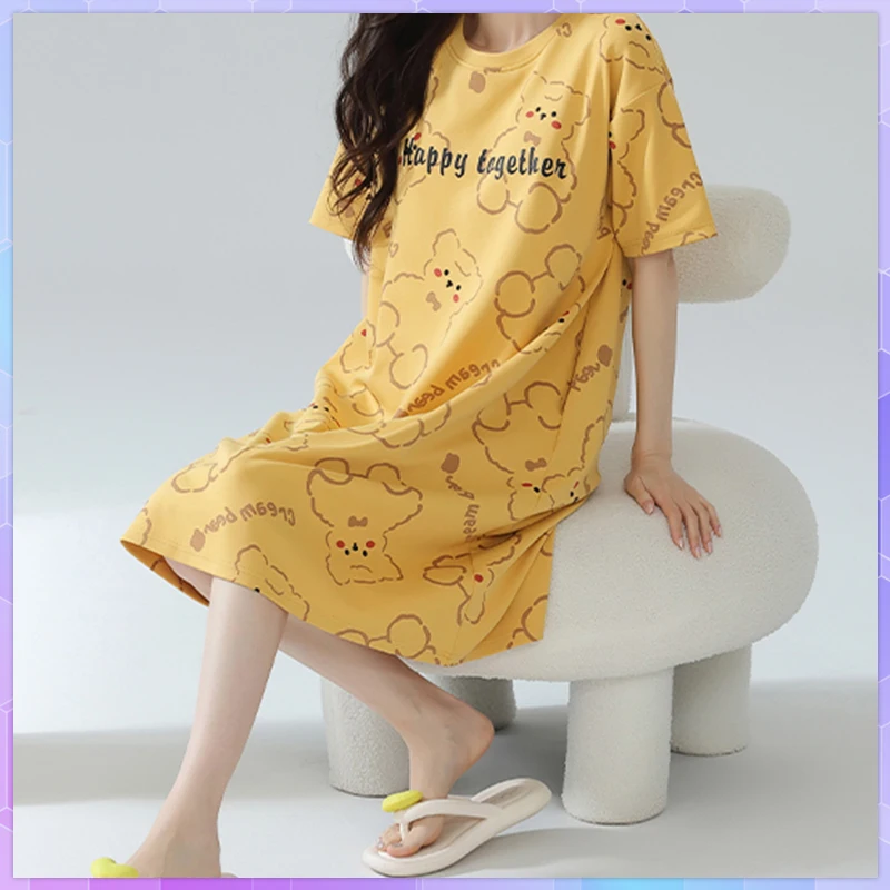 Summer Women's Cotton Nightgown Plus Size Home Wear Dress With Chest Pad Pajamas Cute Short Sleep Dress Short-Sleeved Nightgowns