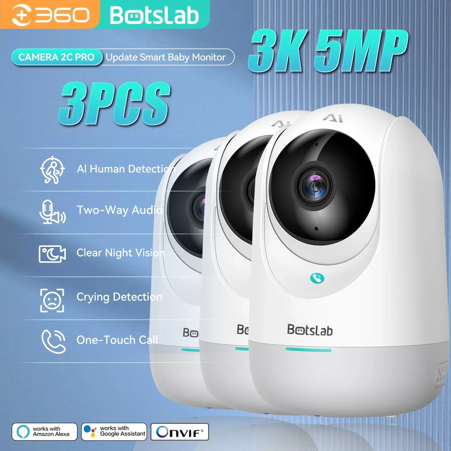 Botslab 1/2/3PCS 5MP Wifi Smart Security Cam AI Human Detection&Tracking Crying Detection 2Ways Talk Night Vision Baby Cam