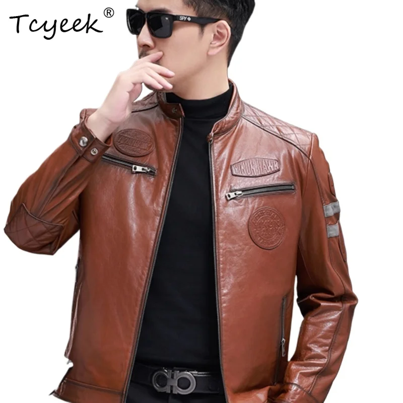 

Tcyeek из натуральной козьей кожи, весенне-осенняя модная мужская куртка из натуральной кожи с воротником-стойкой Jaqueta De Couro Masculina 자켓