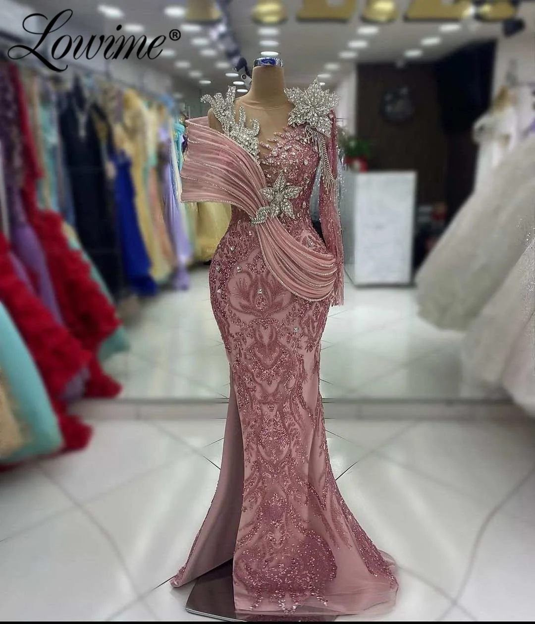 

Розовое вечернее платье с блестками и пайетками, гламурное платье-русалка с кристаллами, выпускное платье с длинными рукавами, вечернее платье, индивидуальный пошив, Robe De Soirée