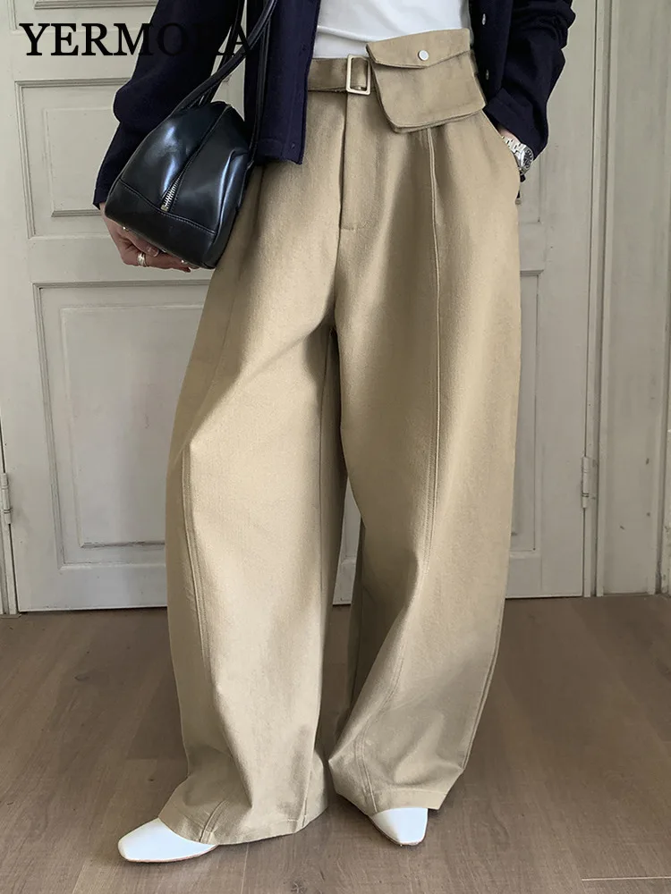 

YERMORA High Waist Khaki Belt Bag Casual Wide Leg Pants For Women Loose Fit New Trousers Fashion Tide Spring Autumn 2025