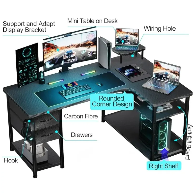 مكتب ألعاب مع أدراج، مكتب كمبيوتر على شكل حرف L من ألياف الكربون متوافق مع طاولة ألعاب مكتبية بذراع الشاشة