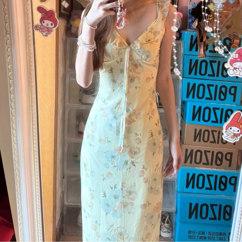 2025 New Summer Floral Print Plunge Maxi Dress Outfits Sexy Backless Fairy Sun Dresses Vacation Beachwear Vestido Coquette