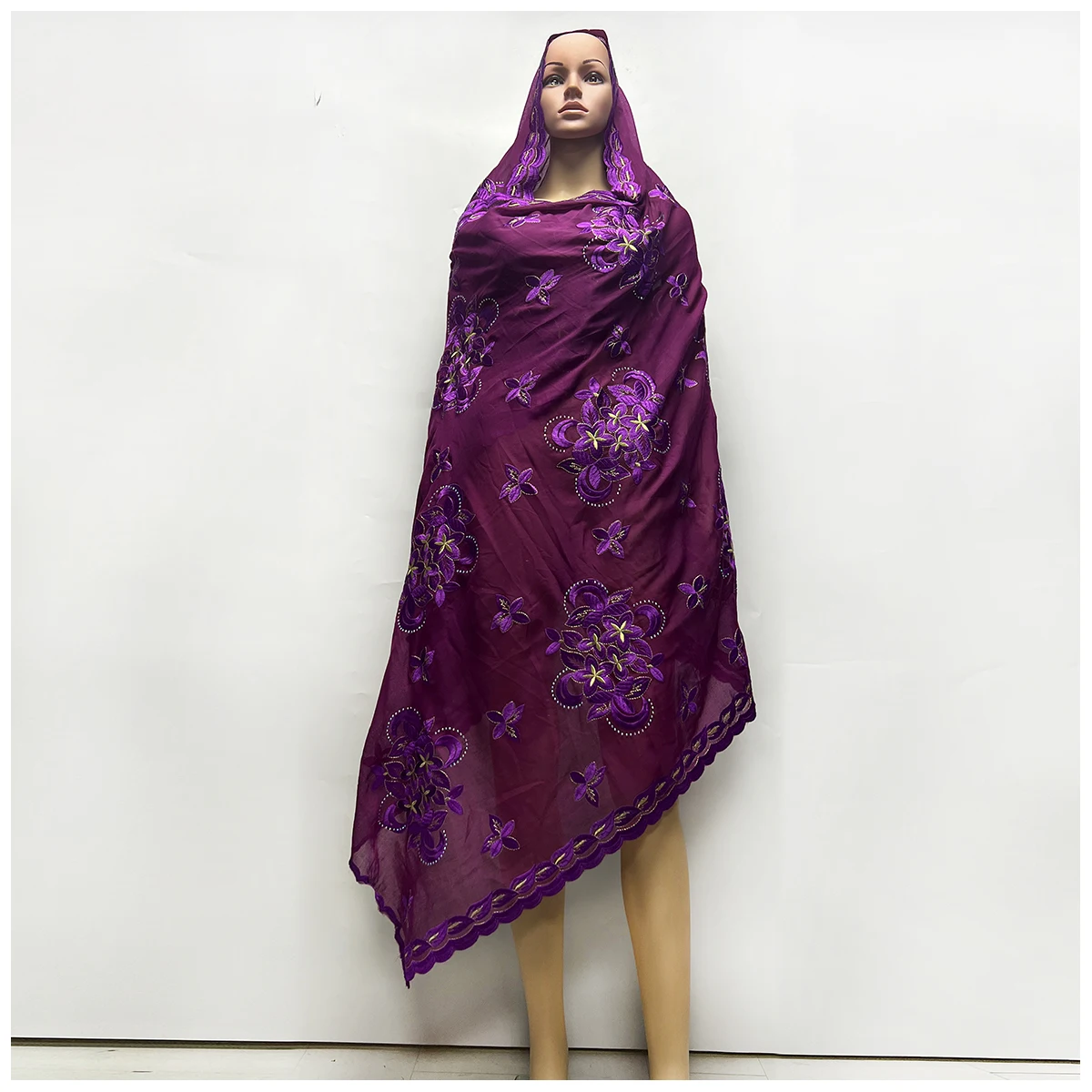 African Women Hijab Muslim Scarf High Quality 100% Cotton Fabric Rayon Cotton Thread Eembroidered Scarf Dubai Excellent Style