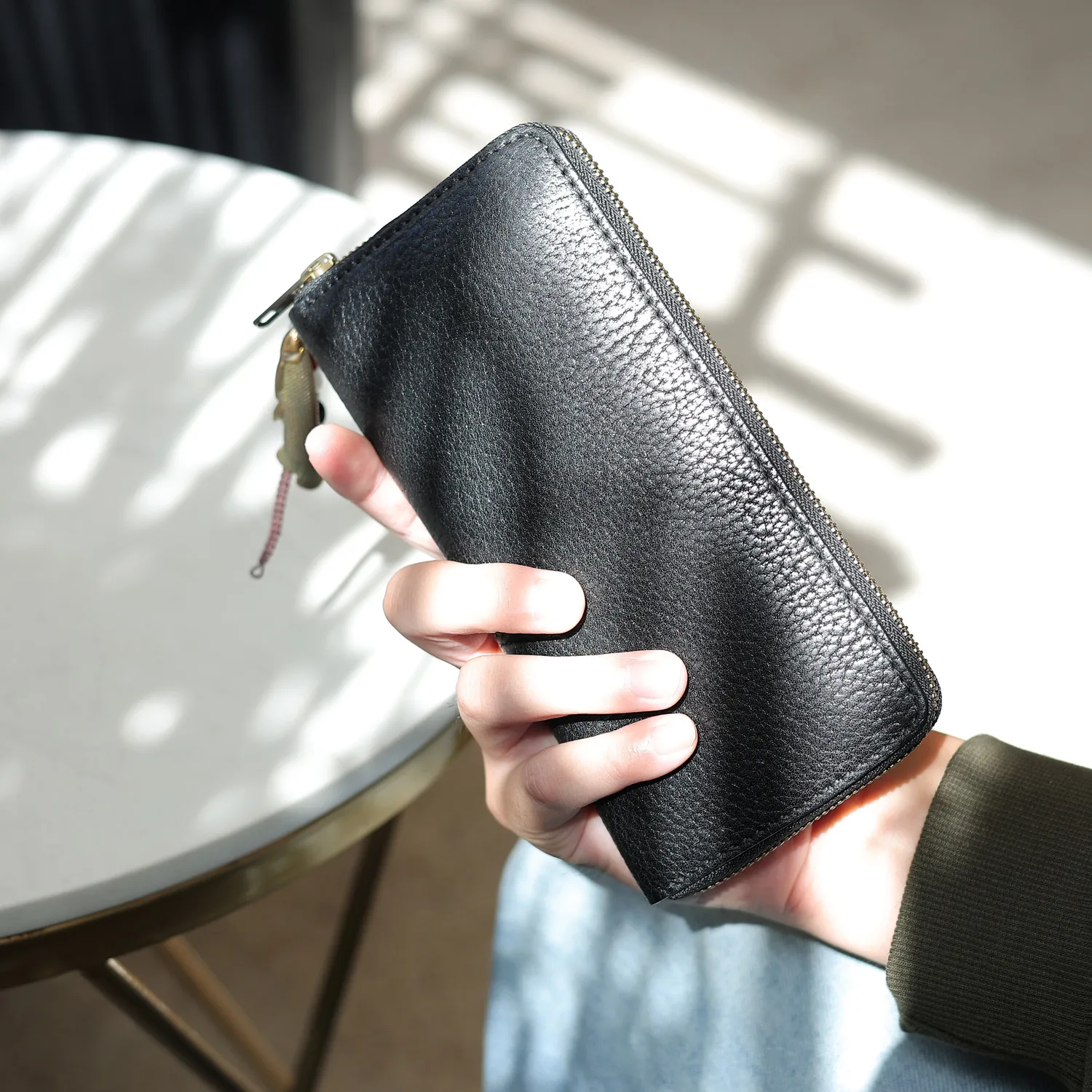 Genuine Top Layer Cowhide Long Wallet Men's Leather Zipper Billfold ID Card Holder Large Capacity Mobile Phone Bag