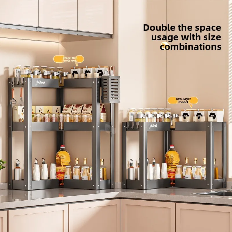 Carbon Steel Corner Rack, Thickened 90° Countertop Shelf Expandable Sturdy Frame Rustproof Spice Knife Holder for Kitchen Counte