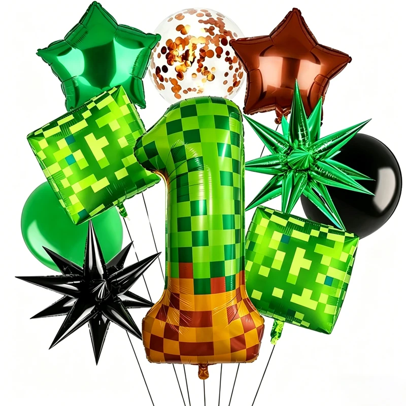 1/10 Stück Pixel Miner Zahlen-Folienballon Grün 40 Zoll Großer Mylar Mining Braune Pixel-Würfel Boxen Videospiel Geburtstagsparty Deko