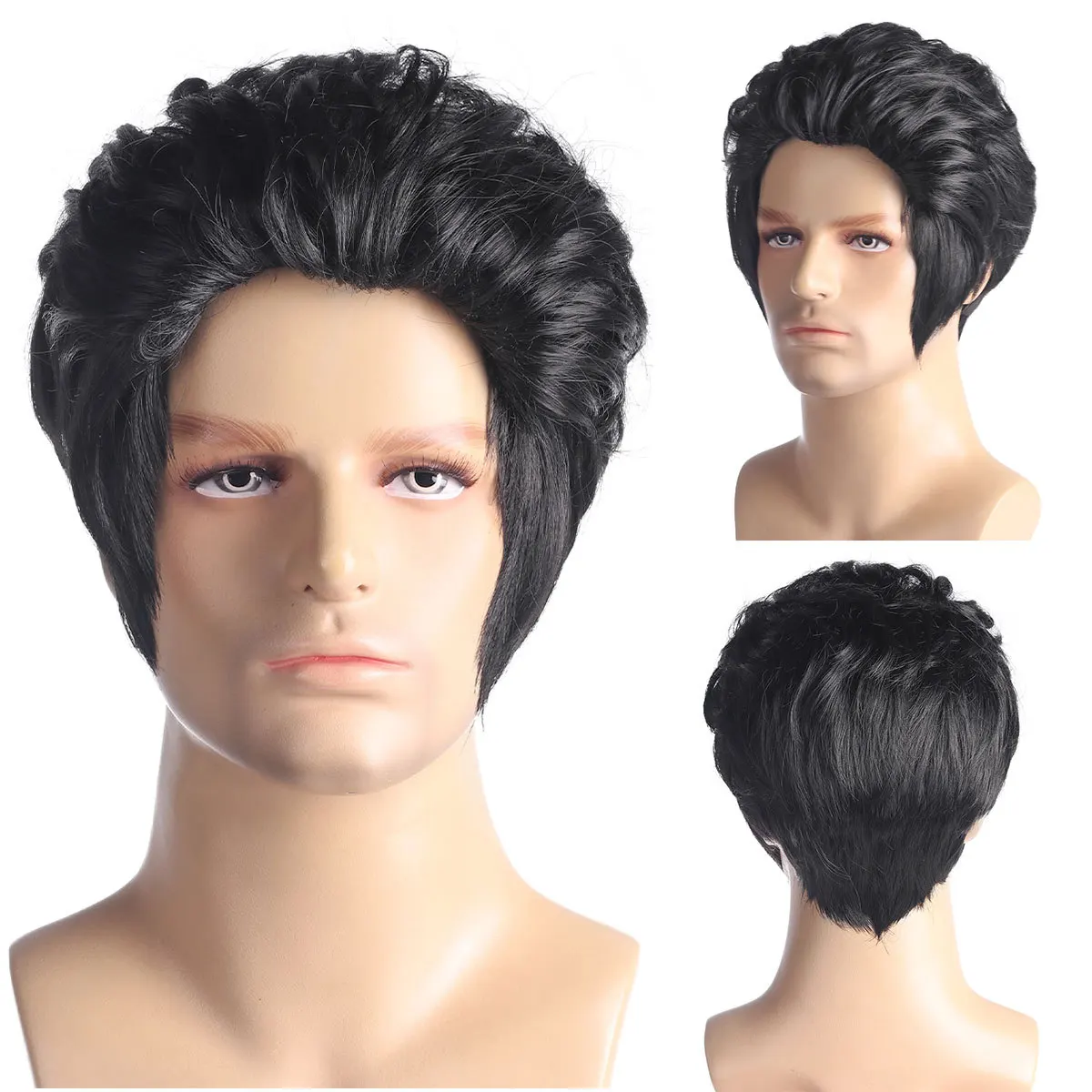 Men's Synthetic Rock Star Style Wig Black Cosplay Party Performance Hairpiece Halloween Costume Accessory Retro Elvis Inspired