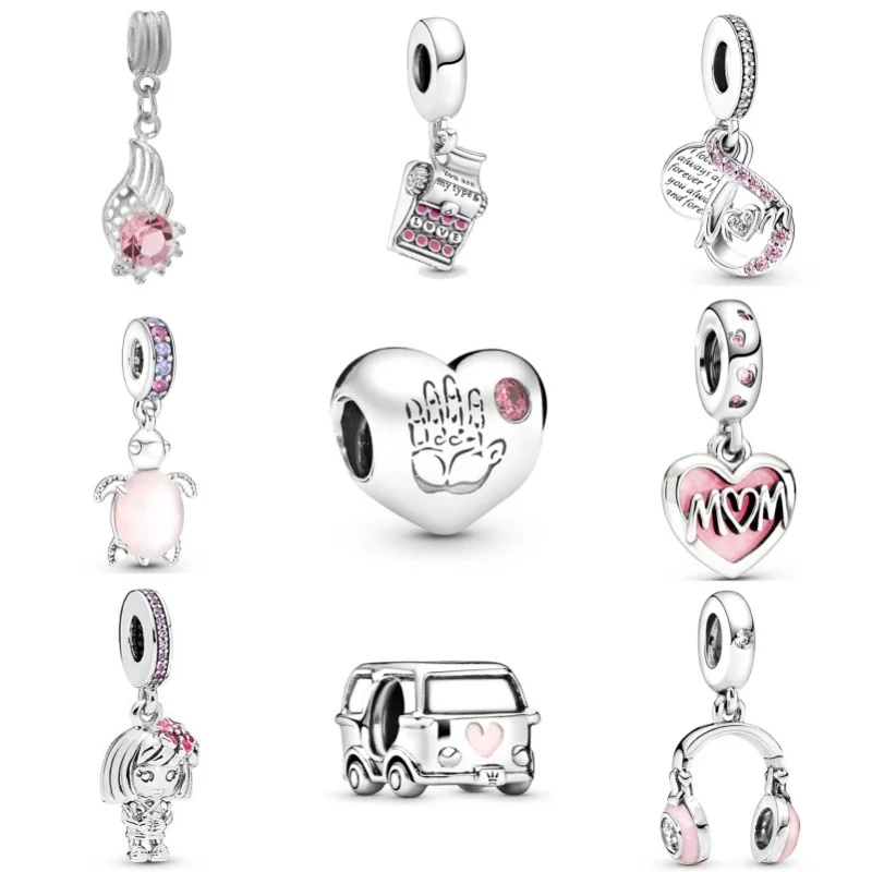 New Pink Series Heart Charms Beads Mom Bracelets Accessories Necklace Pendant Mother's Day Gift For Pandora DIY Jewelry Making